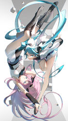  2girls absurdres ankle_boots arm_warmers bare_legs black_footwear black_shirt blue_eyes blue_hair boots breasts chromatic_aberration closed_mouth commentary conflict_(module) cross-laced_footwear full_body grey_background hatsune_miku highres knee_boots lace-up_boots long_hair long_sleeves looking_at_viewer medium_breasts megurine_luka multiple_girls pink_hair rumoon shirt side_slit skirt sleeveless sleeveless_shirt twintails two-tone_shirt very_long_hair vocaloid white_background white_shirt white_skirt world&#039;s_end_dancehall_(vocaloid) 