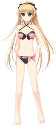  alpha_(yukai_na_nakamatachi) arisa_crain_femiluna barefoot bikini black_bikini black_ribbon blonde_hair breasts cleavage closed_mouth collarbone criss-cross_halter earrings female floating_hair full_body game_cg green_eyes hair_between_eyes hair_ribbon halterneck hand_on_own_hip high_ponytail highres jewelry long_hair looking_at_viewer medium_breasts navel pink_bikini ribbon smile solo standing swimsuit tachi-e transparent_background two-tone_bikini very_long_hair w.l.o_sekai_ren&#039;ai_kikou 