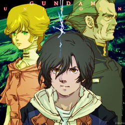  2boys audrey_burne banagher_links blonde_hair brown_eyes cardeas_vist closed_mouth female green_eyes gundam gundam_unicorn jacket mineva_lao_zabi multiple_boys oprince photoshop_(medium) short_hair 