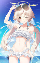  absurdres adjusting_eyewear armpit_peek ass_visible_through_thighs bag bare_shoulders bikini bikini_skirt blue_archive blue_sky brown_eyes cloud collarbone commentary day eyewear_on_head female flat_chest frilled_bikini frills grin halo hand_on_eyewear hifumi_(blue_archive) hifumi_(swimsuit)_(blue_archive) highres holding holding_bag horizon ju-ok light_brown_hair long_hair looking_at_viewer navel ocean one_eye_closed outdoors side-tie_bikini_bottom sky smile solo standing stomach sunglasses swimsuit teeth twintails white_bikini 