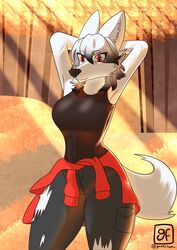  anthro black_clothing black_hair blue_clothing breasts canid canine canis clothing eyelashes female fur gamesfan grey_body grey_fur grey_hair hair hi_res mammal plant red_clothing red_eyes signature solo torn_clothing tree white_body white_fur white_hair white_tail wolf 