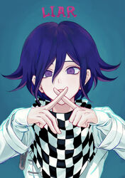  1boy absurdres bad_id bad_twitter_id blue_hair checkered_clothes checkered_scarf commentary_request cross danganronpa_(series) danganronpa_v3:_killing_harmony english_text finger_to_mouth gradient_background hair_between_eyes highres index_finger_raised korean_commentary layered_sleeves long_sleeves looking_at_viewer male_focus oma_kokichi purple_eyes purple_hair scarf short_hair solo straitjacket upper_body x_fingers yeon-eo 