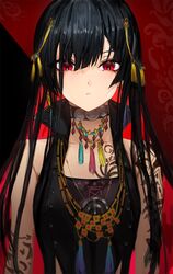  bangosu bare_arms bare_shoulders black_background black_hair black_shirt collarbone colored_inner_hair commentary_request female hair_between_eyes hair_ornament high_collar highres long_hair looking_at_viewer multicolored_hair nijisanji nijisanji_in noor_(nijisanji) parted_lips red_background red_eyes red_hair shirt sleeveless sleeveless_shirt solo two-tone_background two-tone_hair upper_body v-shaped_eyebrows very_long_hair virtual_youtuber 