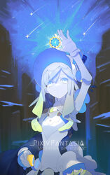  arm_up blue_headwear copyright_name doll_joints female food fruit gloves highres holding holding_food holding_fruit joints kotori_(mountain_of_heaven) long_hair looking_up miitarou pixiv_fantasia pixiv_fantasia_mountain_of_heaven shooting_star solo standing white_gloves 