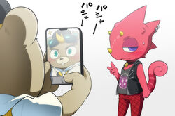  alternative_fashion animal_crossing anthro backwards_baseball_cap backwards_hat baseball_cap beaver blush buckteeth c.j._(animal_crossing) cellphone chameleon choker clothed clothing duo electronics eyewear eyewear_on_head flick_(animal_crossing) freckles gesture goth green_eyes hand_gesture hat headgear headwear holding_object holding_phone horn humor japanese_text jewelry ko-gami lizard male mammal necklace nintendo phone photographing purple_eyes red_body red_scales reptile rodent scales scalie selfie simple_background smartphone sunglasses sunglasses_on_head teeth text v_sign white_background yellow_horn 