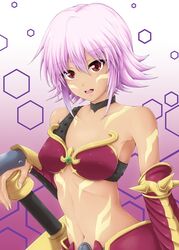  .hack// .hack//games absurdres armor bare_shoulders bikini_armor black_choker black_rose_(.hack//) breasts choker cleavage collarbone commentary_request cowboy_shot dark-skinned_female dark_skin facial_mark female gradient_background hair_between_eyes hand_on_hilt highres looking_at_viewer medium_breasts midriff navel nikumen_(maximum_nikumen) open_mouth pink_background pink_hair red_armor red_eyes short_hair sidelocks solo standing sword tattoo teeth upper_teeth_only vambraces weapon 