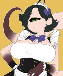  1_eye 2020 5:6 absurd_res accessory ahoge big_breasts big_tail black_body black_clothing black_hair black_skin bow_(feature) bow_accessory bow_ribbon bow_tie breasts cleavage clothed clothing collar cuff_(restraint) cyclops dipstick_tail female front_view frown gloves_(marking) green_eyes hair hair_accessory hair_ribbon hairbow half-closed_eyes half-length_portrait hand_on_hip headdress hi_res humanoid long_tail longtailclops madu_(anaid) maid_uniform mammal markings memerie monster_girl_(genre) multicolored_clothing multicolored_tail narrowed_eyes noseless orange_background outline portrait restraints ribbons short_hair simple_background solo tail tail_markings tailclops_(species) tan_body tan_skin uniform unimpressed white_clothing white_outline wrist_cuffs 