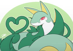  2020 ambiguous_gender blep blush delta-eon feral forked_tongue generation_5_pokemon gesture green_outline heart_symbol looking_at_viewer nintendo outline pokemon pokemon_(species) red_eyes reptile scalie serperior signature simple_background smile solo tail tail_gesture tail_heart tongue tongue_out 