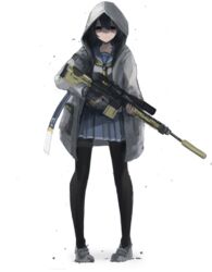  bad_id bad_pixiv_id battle_rifle black_hair commentary english_commentary female fingerless_gloves full_body girls&#039;_frontline gloves gun hair_between_eyes hood hoodie jacket long_hair m110_sass pantyhose pleated_skirt purple_eyes rifle school_uniform scope serafuku shaded_face skirt sniper_rifle solo super_sass super_sass_(girls&#039;_frontline) suppressor unitsu weapon 