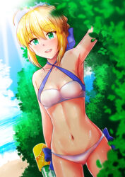  artoria_pendragon_(fate) artoria_pendragon_(swimsuit_archer)_(fate) artoria_pendragon_(swimsuit_archer)_(first_ascension)_(fate) beach bikini blonde_hair bush commentary_request cowboy_shot dutch_angle fate/grand_order fate_(series) female green_eyes momoda_yasuhito navel outdoors smile standing swimsuit water_gun white_bikini 