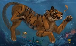  2012 amber_eyes ambient_fish ambient_sealife ambiguous_gender claws day detailed_background digital_media_(artwork) digital_painting_(artwork) duo felid feral fish flashw mammal marine pantherine pawpads paws seabed solo_focus stripes tiger underwater water 