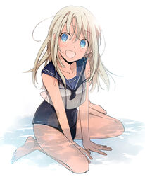  :d bad_id bad_pixiv_id barefoot blonde_hair blue_eyes blush female kantai_collection long_hair oda_kazuomi one-piece_swimsuit open_mouth partially_submerged photoshop_(medium) ro-500_(kancolle) school_swimsuit sitting smile solo swimsuit tan tanlines v_arms wariza water 