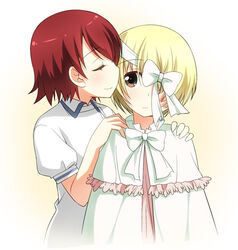  2girls arakawa_kei blonde_hair blush bow brown_hair capelet closed_eyes commentary_request eyepatch hair_over_one_eye hairbow hands_on_shoulders multiple_girls nurse profile saki_(manga) saki_achiga-hen short_hair short_sleeves smile tsuiki_moko umekichi upper_body yellow_eyes yuri 