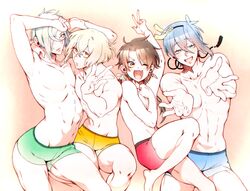  4boys blonde_hair blue_eyes blue_hair blue_male_underwear boxer_briefs brown_hair commentary_request contrapposto green_hair green_male_underwear hair_over_one_eye higekiri_(touken_ranbu) highres hizamaru_(touken_ranbu) kaichou118 kashuu_kiyomitsu male_focus male_underwear mikazuki_munechika mole mole_under_mouth multiple_boys no_nipples oerba_yun_fang outstretched_hand ponytail red_male_underwear sweat topless_male touken_ranbu underwear underwear_only v yellow_eyes yellow_male_underwear 