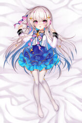  alternate_costume arms_at_sides bed_sheet blue_choker blush choker cropped_jacket crossed_bangs double_exposure ehart female frilled_skirt frills full_body furrowed_brow girls&#039;_frontline gold_trim hair_ornament hair_spread_out headphones jacket legs long_hair long_sleeves looking_at_viewer lying multicolored_hair no_shoes open_mouth pantyhose purple_eyes ribbon_choker skirt sleeve_cuffs slim_legs solo star_(symbol) thigh_gap toe_seam usas-12_(girls&#039;_frontline) usas-12_(vrain_power)_(girls&#039;_frontline) vest w_arms white_hair white_jacket white_pantyhose 