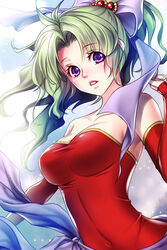  bare_shoulders breasts cleavage commentary_request covered_navel detached_sleeves dress female final_fantasy final_fantasy_vi green_hair large_breasts long_hair open_mouth ponytail purple_eyes red_dress ribbon solo strapless strapless_dress terra_branford uni_(uniuni5) upper_body 