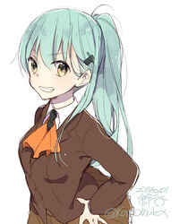  alternate_hairstyle aqua_hair blazer commentary_request dated female grin hair_ornament hairclip hands_on_own_hips jacket kantai_collection karomura looking_at_viewer photoshop_(medium) ponytail school_uniform smile solo suzuya_(kancolle) twitter_username upper_body white_background yellow_eyes 