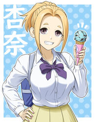  anna_(watamote) bag blonde_hair blue_background bow bowtie breasts character_name collarbone commentary_request dress_shirt female food forehead grin hand_on_own_hip highres ice_cream ice_cream_cone ichikawa_masahiro large_breasts long_sleeves loose_bowtie mint_chocolate necktie polka_dot polka_dot_background ponytail purple_bow purple_necktie school_bag school_uniform shirt smile solo thick_eyebrows watashi_ga_motenai_no_wa_dou_kangaetemo_omaera_ga_warui! white_shirt 