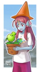  absurdres ahoge blue_skin bow buernia chinese_commentary colored_skin commentary_request conehead_zombie_(plants_vs_zombies) crossover female flower_pot_(plants_vs_zombies) hair_ornament hairbow highres long_hair minamoto_sakura one_side_up open_mouth peashooter_(plants_vs_zombies) plant plants_vs_zombies polka_dot polka_dot_bow potted_plant red_eyes red_hair scar scar_on_face scar_on_forehead shirt t-shirt traffic_cone traffic_cone_on_head zombie zombie_(plants_vs_zombies) zombie_land_saga 