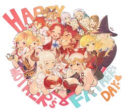  4boys 6+girls ;d ^_^ agielba ahoge aletheia_(granblue_fantasy) alicia_(granblue_fantasy) aliza_(granblue_fantasy) animal_print ardora beard blonde_hair blue_hair bow breasts camieux clarisse_(granblue_fantasy) cleavage closed_eyes commentary_request cow_horns cucouroux_(granblue_fantasy) draph earrings facial_hair family father&#039;s_day father_and_daughter fur_trim gift granblue_fantasy hairbow harold_(granblue_fantasy) hat heart highres horns hug jewelry leopard_print lolicon long_hair minaba_hideo mohawk mother&#039;s_day mother_and_daughter moustache multiple_boys multiple_girls nene_(granblue_fantasy) official_art one_eye_closed open_mouth percival_(granblue_fantasy) pointy_ears ponytail promethea_(granblue_fantasy) purple_eyes sailor_hat silva&#039;s_father silva&#039;s_mother silva_(granblue_fantasy) single_earring smile teena_(granblue_fantasy) underboob vest wizard wizard_hat yae_(granblue_fantasy) 