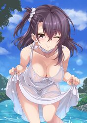  blue_sky blush breasts cleavage cloud cloudy_sky collarbone commentary_request day dress female hair_between_eyes konohana_enishi leaning_forward lifting_own_clothes long_hair looking_at_viewer medium_breasts one_eye_closed one_side_up original outdoors parted_lips purple_eyes purple_hair scrunchie sengoku_aky skirt_hold sky solo splashing sundress wading water wet wet_clothes wet_dress white_dress 