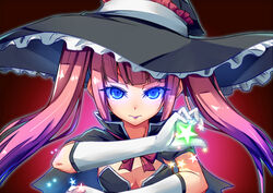  ashuri_(rabi-ribi) blue_eyes breasts chinese_commentary cleavage commentary_request dream_demon female frown gloves glowing glowing_eyes hat lipstick long_hair looking_at_viewer makeup medium_breasts purple_hair purple_lips rabi-ribi solo star_(symbol) twintails upper_body white_gloves witch witch_hat 