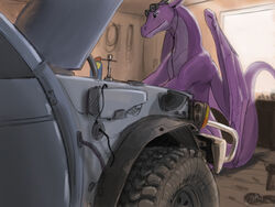  4:3 car conditional_dnp detailed_background dragon feral kodardragon kodardragon_(character) membrane_(anatomy) membranous_wings mythological_creature mythological_scalie mythology purple_body purple_skin scalie smile solo tail vehicle wings 