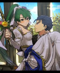  1boy armor blue_eyes blue_hair blush bouquet bridal_veil bride bride_(fire_emblem) cape carrying commentary_request couple dress female fire_emblem fire_emblem:_the_blazing_blade fire_emblem_heroes flower formal green_eyes green_hair hector_(fire_emblem) high_ponytail highres husband_and_wife kometubu0712 long_hair lyn_(bridal)_(fire_emblem) lyn_(fire_emblem) ponytail princess_carry short_hair smile straight suit veil very_long_hair wedding wedding_dress 