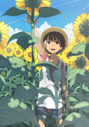  arm_up bag brown_hair collarbone commentary contrail cross_hair_ornament dappled_sunlight dark-skinned_female dark_skin day denim denim_shorts female field flower flower_field hair_ornament handbag highres lolicon looking_up minamito original outdoors reaching short_hair shorts shorts_rolled_up sky smile solo summer sunflower sunflower_field sunlight tan 