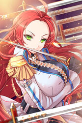  bad_id belt breasts coat deeple female gloves green_eyes jaina_preventer large_breasts long_hair military military_uniform red_hair solo striped sword sword_girls uniform weapon 