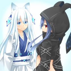  2girls animal_ears blue_hair blush commentary_request effole_(fairy_fencer_f) fairy_fencer_f gloves himajin_(starmine) hood hoodie karin_(fairy_fencer_f) long_hair multiple_girls open_mouth red_eyes smile 