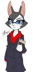  anthro black_body black_fur blue_eyes clothed clothing electronics eyewear female frown fur glasses glue_studios hi_res lagomorph leporid looking_at_viewer mammal ms._torres_(rimba_racer) rabbit rimba_racer solo suit tablet tablet_computer white_body white_fur zhengfox 