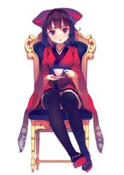  black_thighhighs chair commentary_request cup female full_body hair_ribbon japanese_clothes kimono looking_at_viewer open_mouth original red_eyes ribbon saucer simple_background sitting solo teacup thighhighs white_background yasumo_(kuusouorbital) 