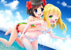  2girls absurdres angry arm_up ass bare_shoulders bikini black_hair blonde_hair blue_background blue_eyes bluebird_(bluebird90) blush bow braid breast_grab breasts cleavage cloud collarbone feet flower french_braid green_bikini green_eyes hair_flower hands_up jumping lillie_(pokemon) looking_back medium_breasts mizuki_(pokemon_sm) multiple_girls navel ocean one_eye_closed open_mouth outdoors pokeball red_flower short_hair sky smile standing swimsuit teeth wardrobe_malfunction water white_bikini white_bow wink 