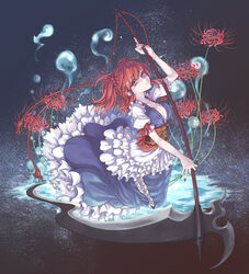  breasts cleavage commentary_request female flower hair_bobbles hair_ornament highres looking_at_viewer medium_breasts mumulatte onozuka_komachi pink_eyes red_hair scythe short_hair solo spider_lily touhou two_side_up 