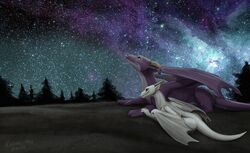  2017 chara_(kodardragon) conditional_dnp detailed_background dragon european_mythology feral green_eyes hi_res horn kodardragon kodardragon_(character) membrane_(anatomy) membranous_wings mythological_creature mythological_scalie mythology night outside purple_body purple_skin scalie sky smile star starry_sky tail western_dragon white_body white_skin wings 