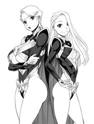  2girls back-to-back breasts cape cleavage cleavage_cutout clothing_cutout commentary_request crossed_arms eighth_wonder greyscale hair_over_one_eye haruka_athena haruka_clara large_breasts leotard lips lipstick long_hair makeup mature_female medium_breasts monochrome mother_and_daughter multiple_girls photoshop_(medium) pout short_hair smile superhero_costume tamaki_nozomu toned uchi_no_musume_ni_te_wo_dasuna! underboob 