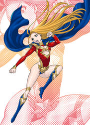  attack blonde_hair blue_cape blue_eyes blue_footwear blush boots breasts cape cleavage cleavage_cutout clenched_hands clothing_cutout commentary_request eighth_wonder female floating_hair flying_kick full_body gradient halftone haruka_clara high_heel_boots high_heels kicking knee_boots leg_lift legs_apart leotard long_hair long_sleeves looking_down looking_to_the_side medium_breasts photoshop_(medium) red_leotard shoulder_pads skin_tight solo star_(symbol) superhero_costume tamaki_nozomu toned uchi_no_musume_ni_te_wo_dasuna! underboob_cutout very_long_hair white_background zoom_layer 