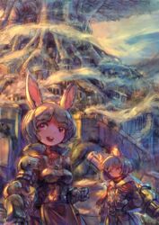  animal_ears armor bangs fantasy fog highres multiple_girls nattorin original pink_hair short_hair smile town tree white_hair 