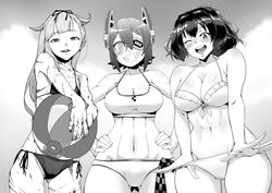  3girls ball beachball bifidus bikini breasts collaboration commentary_request curvy eyepatch greyscale hair_flaps headgear ise_(kancolle) kantai_collection kurozu_(crozu) large_breasts long_hair monochrome multiple_girls necktie official_alternate_costume remodel_(kantai_collection) scar smile swimsuit tenryuu_(kancolle) tenryuu_(swimsuit_mode)_(kancolle) tocky yuudachi_(kancolle) 