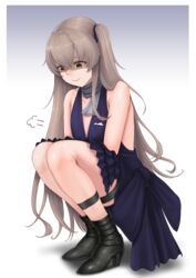  alternate_costume bangle bare_shoulders black_footwear blush boots bracelet breasts brown_eyes brown_hair casual cleavage cloel closed_mouth collarbone commentary_request crossed_arms crossed_bangs deflated dress female flat_chest full_body girls&#039;_frontline gradient_background grey_scarf hair_between_eyes high_heel_boots high_heels highres jewelry knee_boots long_hair looking_at_breasts official_alternate_costume one_side_up pocket_square purple_dress scarf shaded_face sidelocks simple_background smile squatting tearing_up thigh_strap thighs ump45_(diamond_flower)_(girls&#039;_frontline) ump45_(girls&#039;_frontline) 