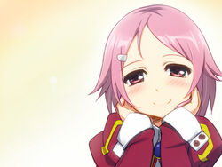  blush commentary_request female hair_ornament hairclip hands_on_own_face lisbeth_(sao) looking_at_viewer pink_eyes pink_hair short_hair smile solo sorano_(12gou) sword_art_online 