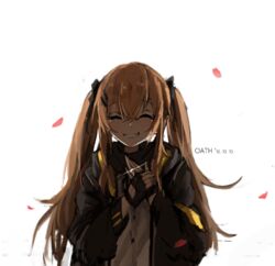  ^_^ armband bad_id bad_pixiv_id blush brown_hair closed_eyes dated female fingerless_gloves girls&#039;_frontline gloves grin hair_between_eyes hair_ornament hairclip jacket jewelry long_hair petals ring rose_petals scar scar_across_eye scar_on_face smile solo tears twintails ump9_(girls&#039;_frontline) unitsu wedding_ring yellow_armband 