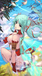  absurdres aqua_eyes aqua_hair armlet bare_shoulders bow breasts bridal_gauntlets cleavage cloud commentary_request day divine_girls fairy female hand_to_own_mouth highres large_breasts long_hair looking_at_viewer ocean petals photoshop_(medium) pointy_ears qbspdl sitting sky solo wings 