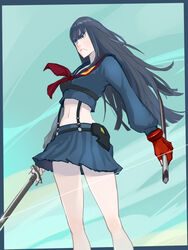  black_eyes black_hair commentary_request crop_top cropped_shirt dagger dual_wielding female fingerless_gloves frown gloves highres holding katana kill_la_kill kiryuuin_satsuki knife long_hair midriff navel reverse_grip school_uniform senketsu serafuku serious single_glove skirt spoilers supandaman suspenders sword thick_eyebrows weapon 