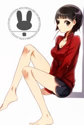  black_eyes black_hair breasts cleavage commentary_request drinking_straw female jacket jianmo_sl kirigaya_suguha long_legs medium_breasts mouth_hold short_hair shorts sitting sword_art_online track_jacket 