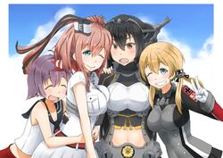  4girls ahoge anchor anchor_hair_ornament asymmetrical_docking b-man battle_effectiveness_award belt belt_buckle black_gloves black_hair black_jacket blonde_hair blouse blue_eyes blush breast_pocket breast_press breasts brown_eyes buckle c: closed_eyes collarbone commentary_request cross dress fingerless_gloves girl_sandwich gloves grey_jacket grin hair_between_eyes hair_ornament headgear high_side_ponytail hug iron_cross jacket kantai_collection large_breasts long_hair looking_at_viewer medium_breasts midriff multiple_girls nagato_(kancolle) one_eye_closed open_mouth operation_crossroads pleated_skirt pocket ponytail prinz_eugen_(kancolle) purple_hair red_belt red_hair red_skirt remodel_(kantai_collection) sailor_collar sakawa_(kancolle) sandwiched saratoga_(kancolle) shirt short_hair short_sleeves side_ponytail skirt sky small_breasts smile smokestack_hair_ornament standing teeth twintails white_dress white_gloves white_shirt 