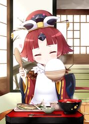  apron benienma_(fate) blunt_bangs blush bowl brown_hair brown_hat brown_kimono chopstick_rest chopsticks closed_eyes closed_mouth cocozasa commentary_request facing_viewer fate/grand_order fate_(series) female fish fish_(food) food grilled_fish hat head_tilt heart highres holding holding_bowl holding_spoon indoors japanese_clothes kimono leaf_print long_hair long_sleeves maple_leaf_print miso_soup ohitsu rice rice_bowl shamoji smile solo spoon tatami tofu very_long_hair white_apron wide_sleeves wooden_spoon 