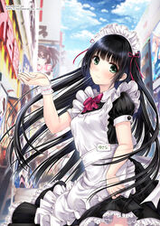  akihabara_(tokyo) bad_id bad_pixiv_id black_hair blush commentary_request female green_eyes kazuharu_kina long_hair looking_at_viewer maid name_tag original skirt_hold smile solo thighs watermark web_address 