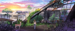  animal apron bird brown_hair building city cloud deer female from_behind jongmin lens_flare long_hair maid maid_apron nature original outdoors photoshop_(medium) plant post-apocalypse ruins scenery sky solo sunlight sunset thighhighs tree vines white_thighhighs 